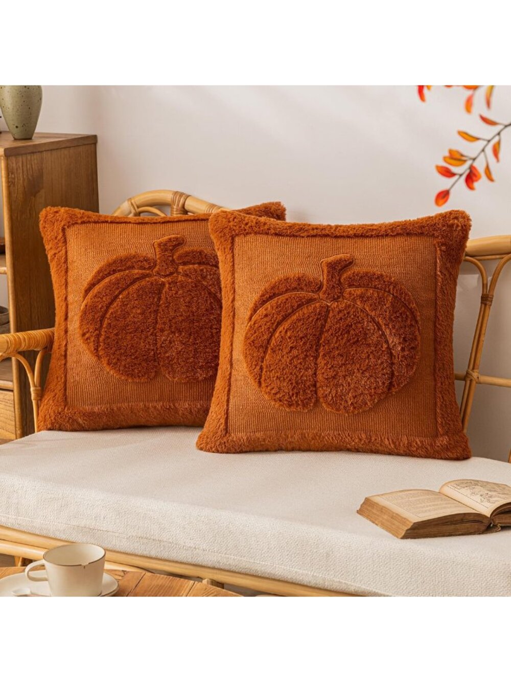 Pumpkin Fall Pillow Covers 18"x18" Set of 2‎ Rust Red Embroidered Plush Throw